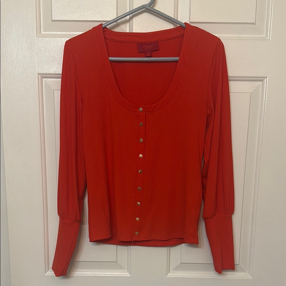 Jennifer Lopez Red Ribbed Scoop Neck Button-Front Long Sleeve Top